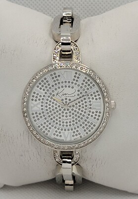 Ladies Kim Rogers Silver Tone Paved Bezel Studded Dial Chain Bracelet Watch K3