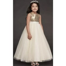 David's Bridal Heart Back Sequin and Tulle Gown Gold and Ivory Girls 10 ASIS