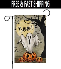Halloween Garden Flag 12x18 Inch Double Sided Burlap, Small Vertical Boo Ghost 