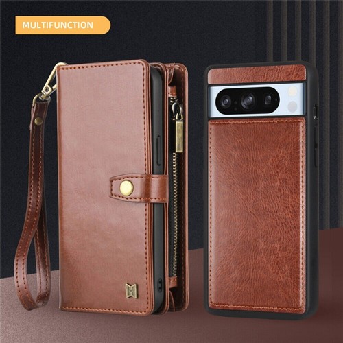 For Google Pixel 9 Pro XL 8 8A 7A 6A Zipper Leather Case Removable Wallet Cover - Picture 18 of 31