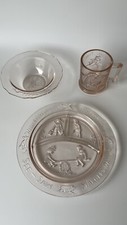Vintage Tiara Glass Child's Set 3 Pieces Plate Bowl Mug Nursery Rhymes Pink