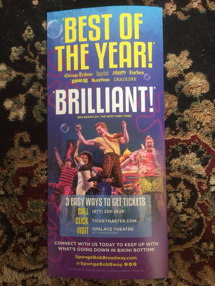 Spongebob  Squarepants ad/flyer Broadway NYC  musical 3/2018