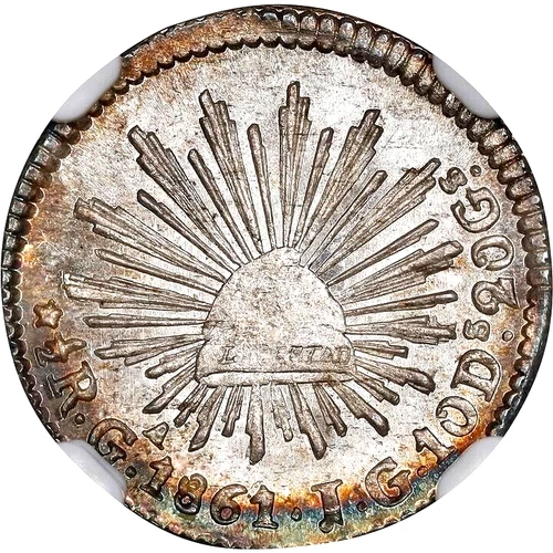 1861 Ga-JG Mexico 1/2 Real, NGC MS 66, KM-370.5, Tied for Finest of the Date