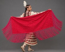 Native American Dance/prayer/wedding Shawl Red Plaid Fringe 62.5" x 68"