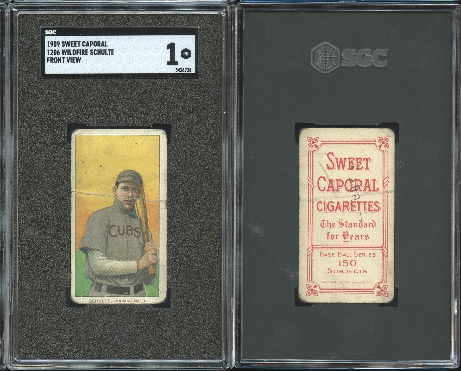 T206 Wildfire Schulte front view Cubs! ~~ SGC 1 ~~ Sweet Caporal 150/30 back