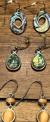 Lot of 3 Pairs Dangle Earrings Abalone Shell & Orange Cat Eye Style Jewelry