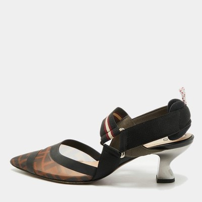 Fendi Colibri Size 37 BlackBrown Canvas and Mesh Pumps