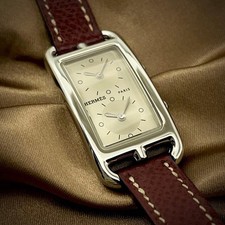 Hermes Cape Cod Deux Zones CC3.210 Quartz Watch Silver Dial Wine Red Strap 5