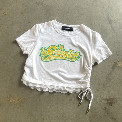 Dsquared2 Greedy B**tch Lace Baby Tee Ruched White Cotton S Made In Italy