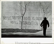 1981 Press Photo Anti-Military Graffiti Adorns Rowe Building at UNCC - lrb35885