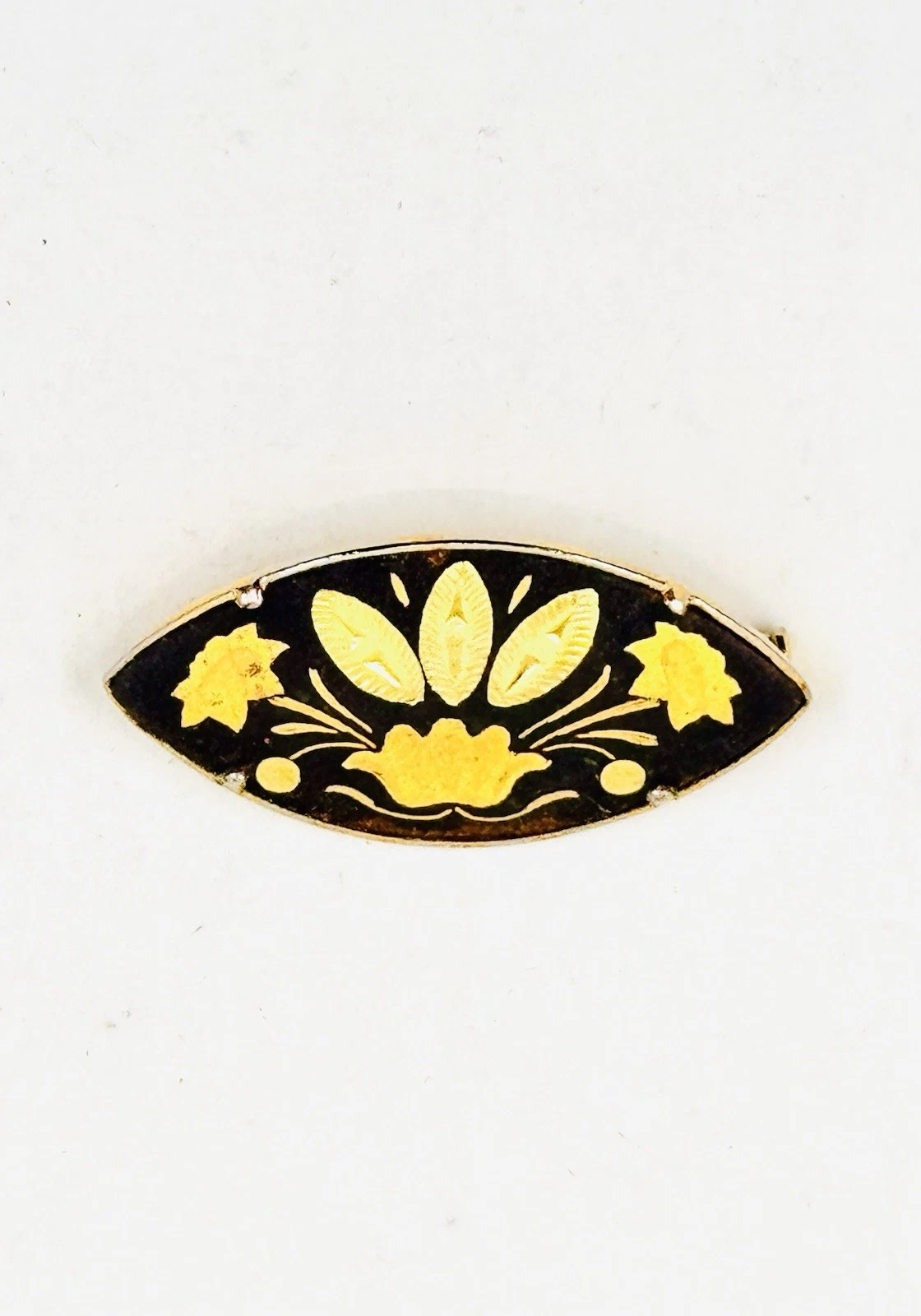 Vintage Damascene Gold Tone Black Floral Oval Fan Shaped Brooch Pin