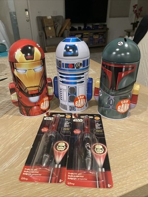 Iron Man R2-D2 And Boba Fett Coin Banks And 2 Lighter Pens Star Wars need batter