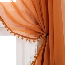Linen Look Pom Pom Tasseled Sheer Curtains - Rod Pocket Voile Semi-Sheer Curt...
