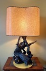 VINTAGE MCM X-LARGE FAUX BOIS CHALKWARE DRIFTWOOD TABLE LAMP RETRO KIDNEY SHADE — photo 1
