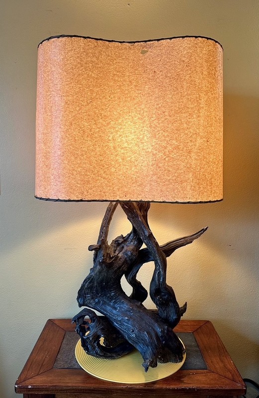 VINTAGE MCM X-LARGE FAUX BOIS CHALKWARE DRIFTWOOD TABLE LAMP RETRO KIDNEY SHADE