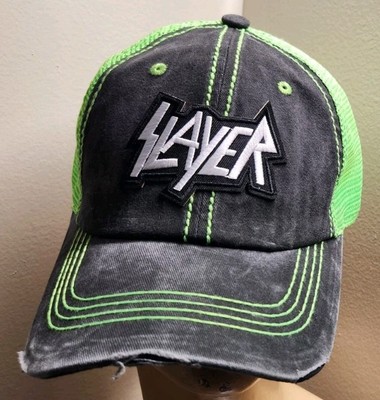 Slayer Trucker Hat Distressed Baseball Cap Black & Green Mesh  