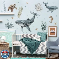 Under The Sea Whale Wall Stickers  Watercolor Whale Sea Turtles Ocean Bubbles