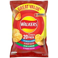 Pack Of 20 Walkers Classic Crisps Tasty Multi-Pack For Lunchtimes & Snacks
