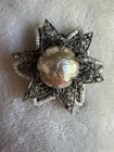 Vintage Miriam Haskell Signed Faux Pearl Silver Oval Brooch Pin