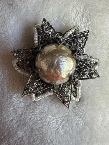 Vintage Miriam Haskell Signed Faux Pearl Silver Oval Brooch Pin