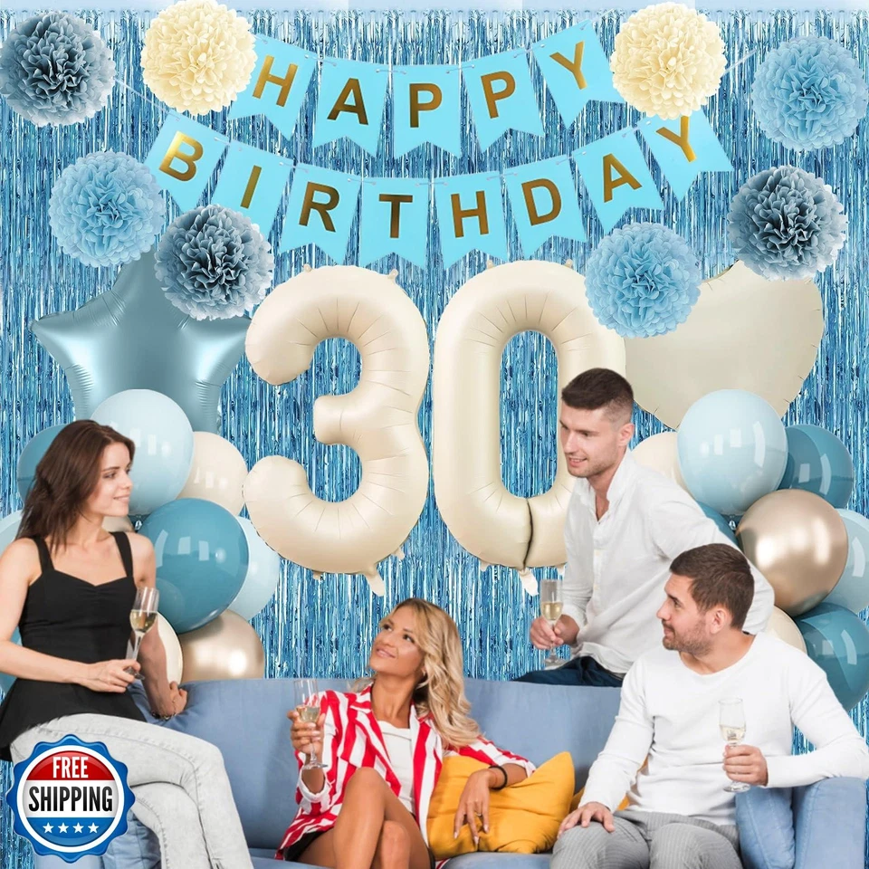 Пыльно-синий 30-й день рождения вечеринки украшения для него бежевый кремовый номер 30 мяч - Изображение 3 из 4