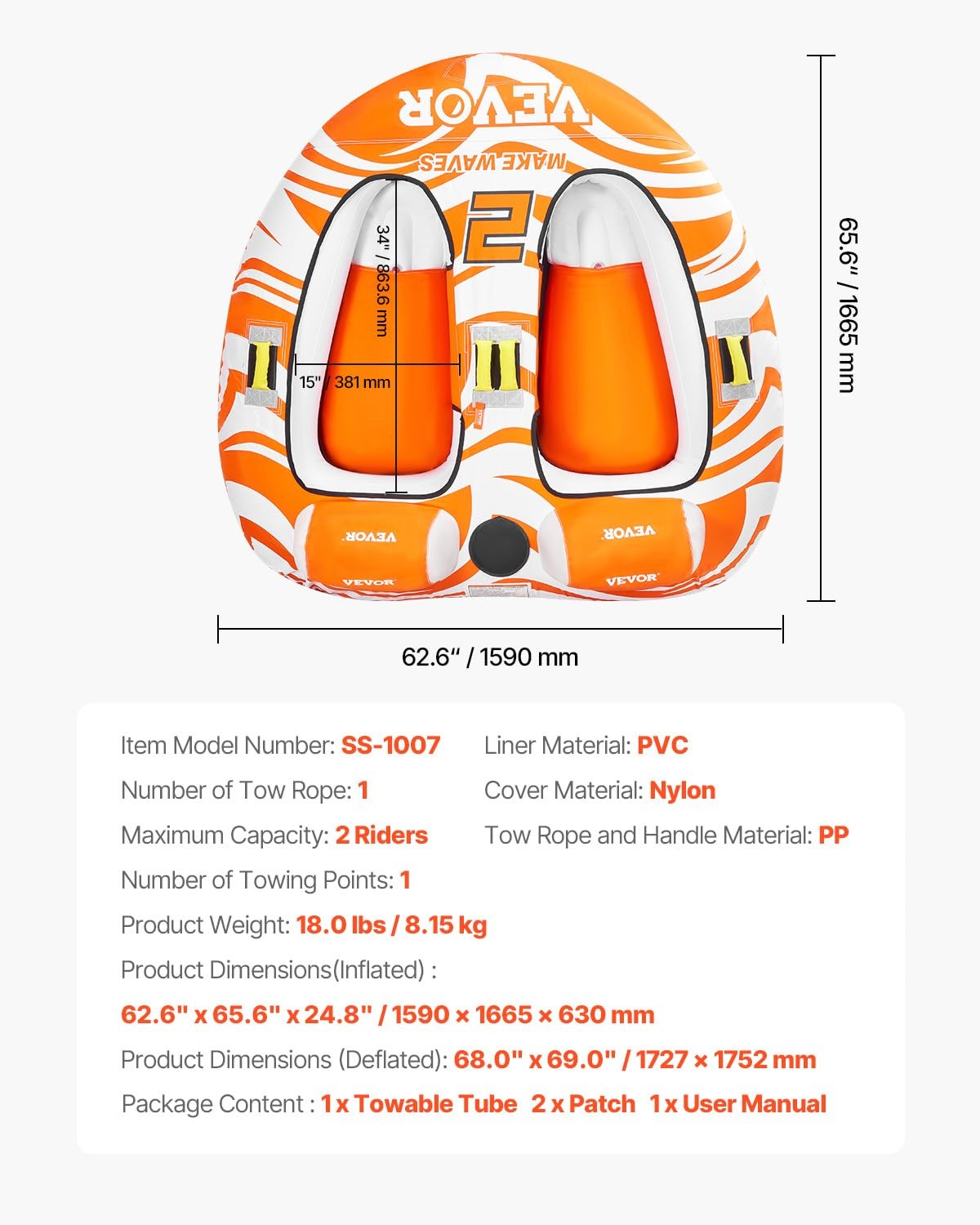 2 Rider Orange Towable Tube Water Flotation Device For Thrilling Boating Fun