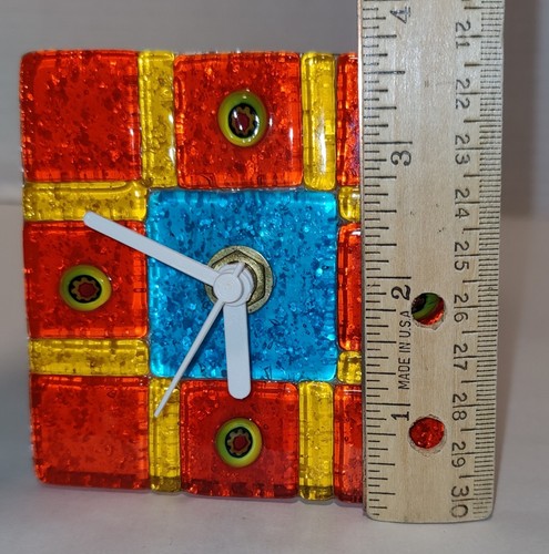 Fused Art Glass Table Clock Small Battery Box Tested Red Yellow Blue Millefiori - Picture 14 of 15