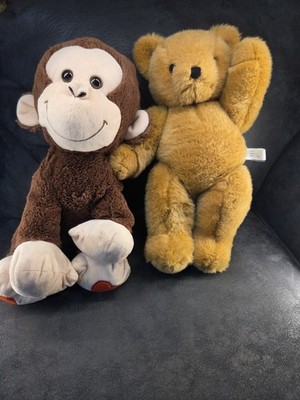 Vtg FIB Bogart GA Teddy Bear Bendable + Goffa Monkey Hearts Plush Stuffed Toy