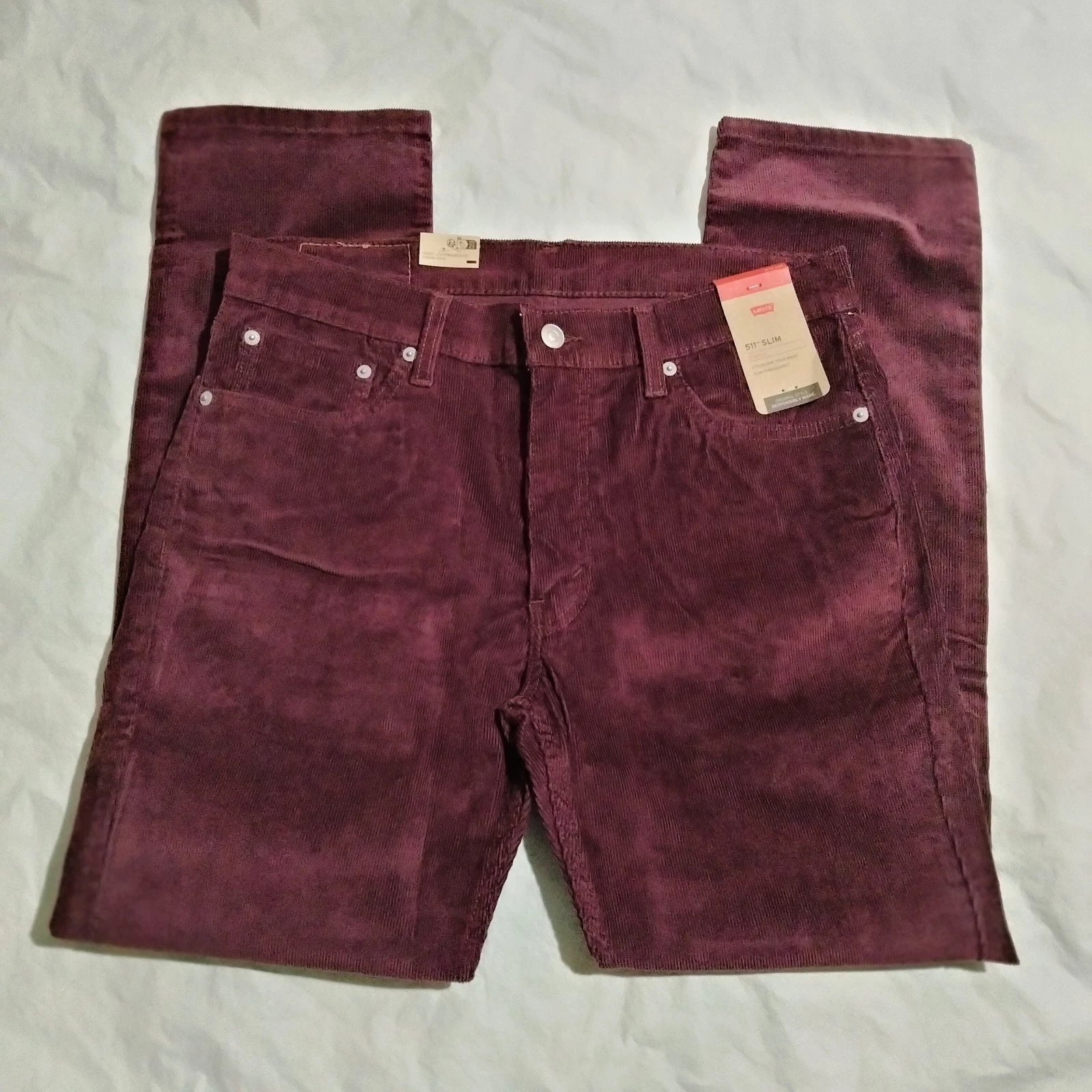 Levi's 511 Slim-Fit Corduroy Pants Men's Various Sizes Burgundy Maroon Red