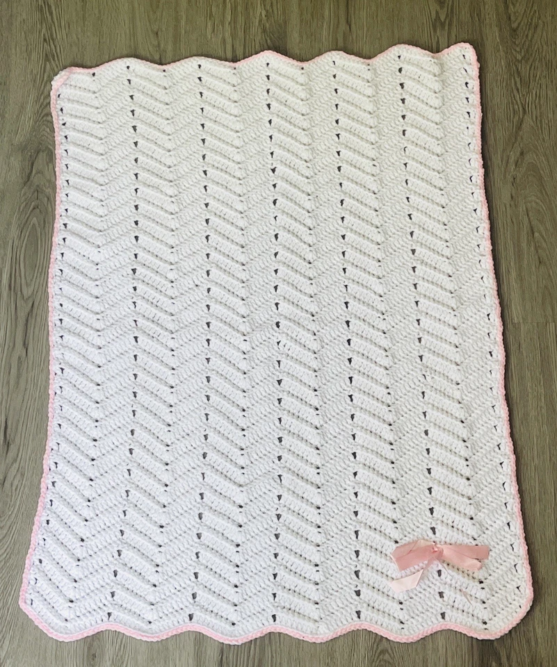 Vintage Crotchet Baby Crib Blanket Handmade White & Pastel Pink Satin Ribbon Bow - Image 3 of 4