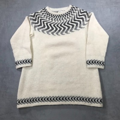 Icelandic Wool Sweater Women's Large Cream & Grey Tunic Long Length Icelandica