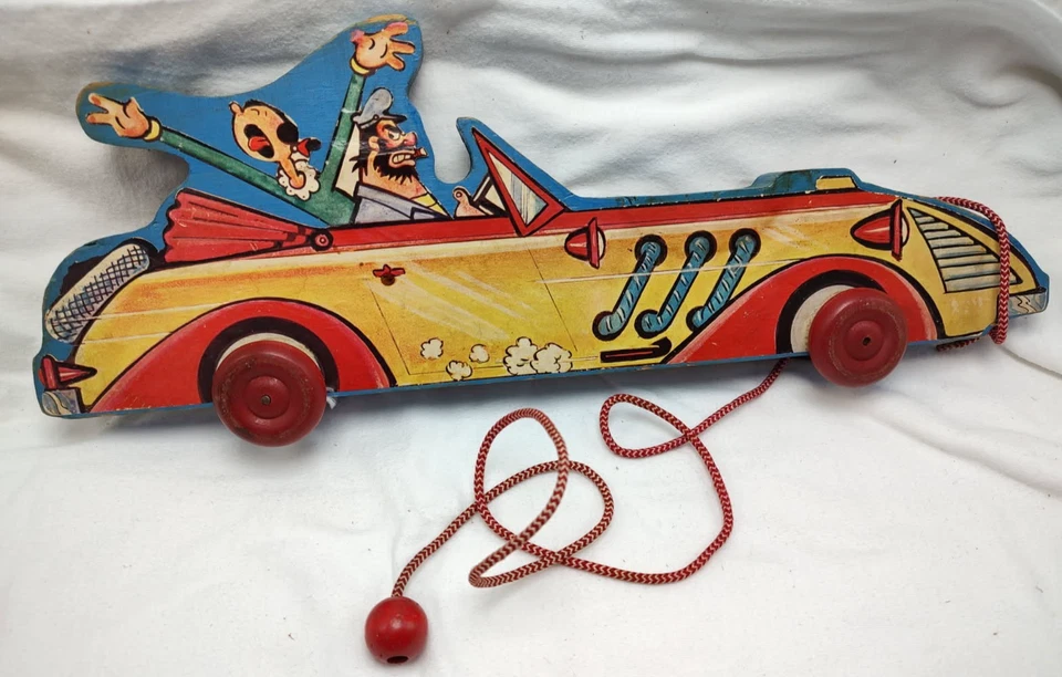1940 年代 Popeye's Olive Oyl and Bluto 豪华汽车木制拉玩具 — 第 3/4 张图片