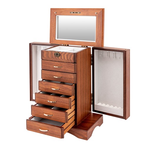 Schmuckkästchen Holz große Ordnungsbox mit Spiegel Safe Schloss und Schlüssel 7 Schichten - Bild 6 von 24