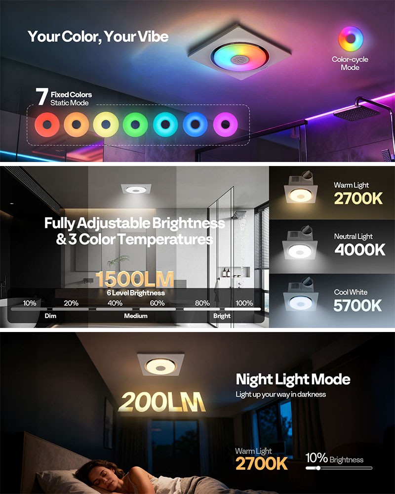 AutoFlow Bathroom Exhaust Fan with RGB Light & Humidity Sensor (30-110-160CFM)