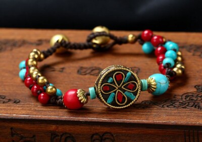 Women Unique Nepal / Bohemia Turquoise & Copper Bead Bell Hand Bracelet 7.2''