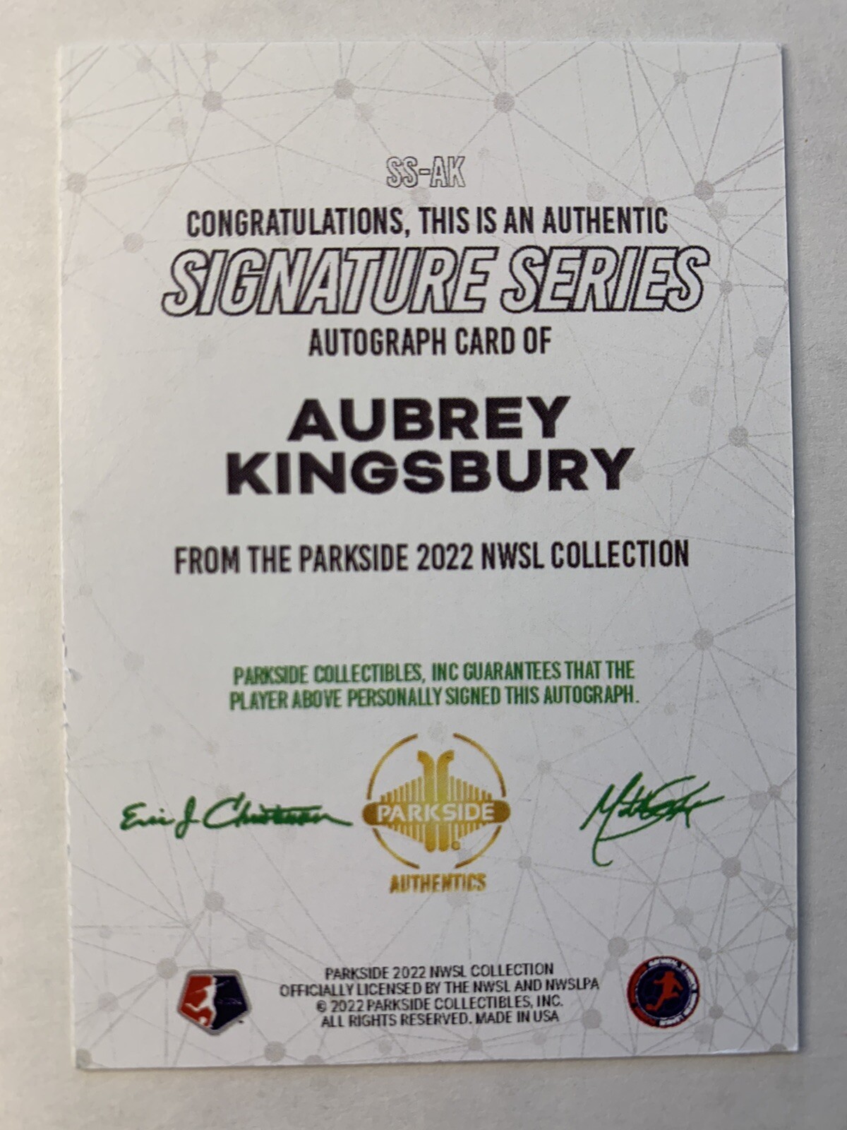 Aubrey Kingsbury Auto 2022 Parkside NWSL Signature Series Washington