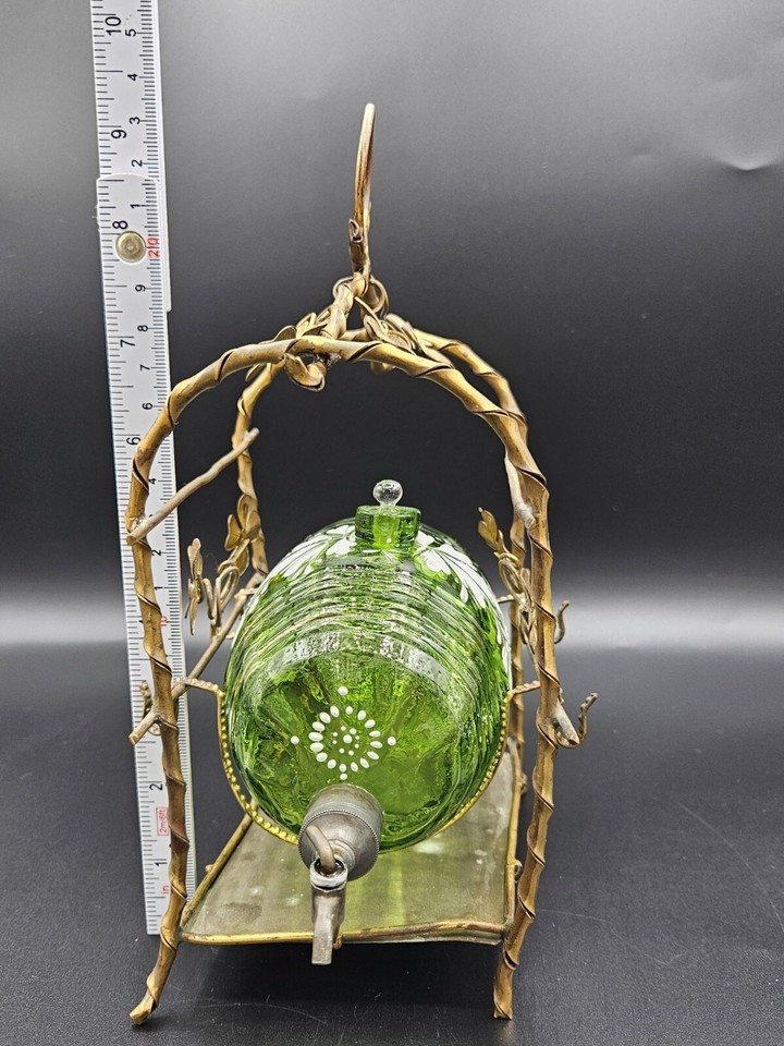 Antique Irish Cream / LIQUOR DECANTER Green Glass W/ Keg, 3 Mugs