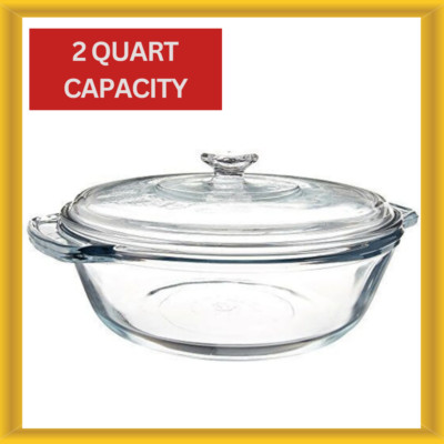 Anchor Hocking 2 Quart Round Glass Clear Cut Casserole Baking Dish Medium