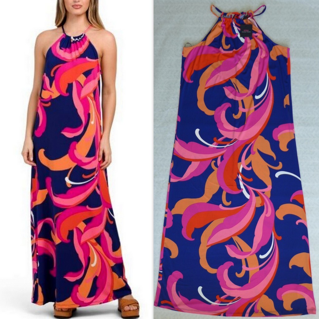 TRINA TURK Scrolling Floral Drawstring Halter Neckline Maxi Dress sz M $198  | eBay