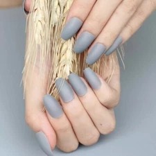 24 Ghostly Gray Matte Nails Kit With Glue Medium Coffin Goth Ethereal