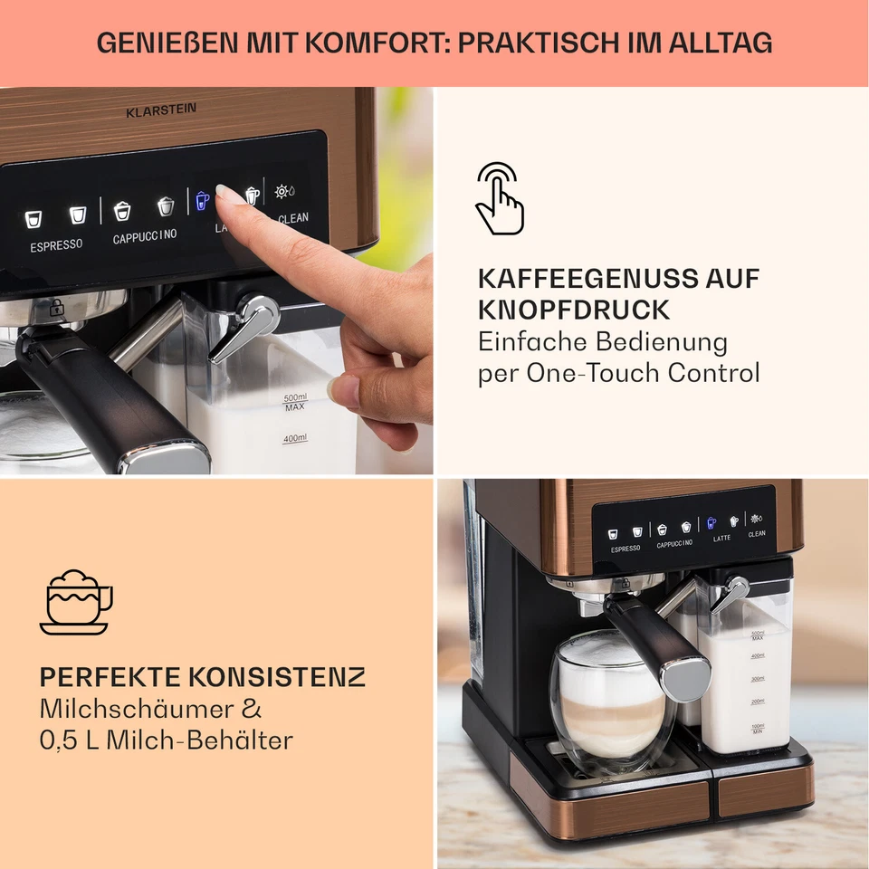 Espressomaschine Siebträger Kaffeemaschine Milchschaum 20 Bar 1,8L Touch Braun - Bild 4 von 4