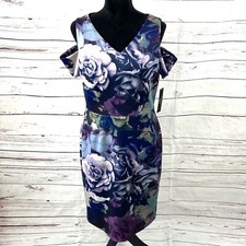 Tahari ASL Dress Women’s 10 Blue Scuba Cold Shoulder Floral Stretch