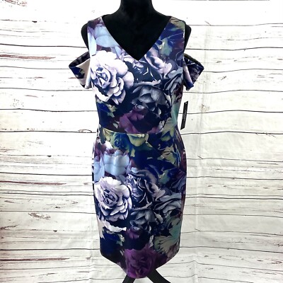 Tahari ASL Dress Women's 10 Blue Scuba Cold Shoulder Floral