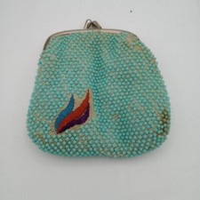Beaded Coin Change Purse Kiss Clasp Hong Kong Blue Green Vintage READ