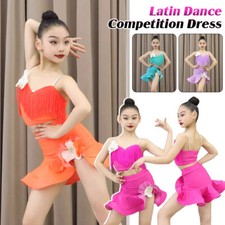 Girls Latin Dance Dress Fringe Salsa Tango Competition Training Top Skirt Suit