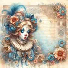 Blue Ivory Circus Clown Girl 3 - 8x8 Cotton Quilt Crafting Fabric Block