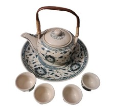 Bombay Blue White Tea Set w/Tray Saki Ceramic 7 Pieces Bamboo Handle Asian