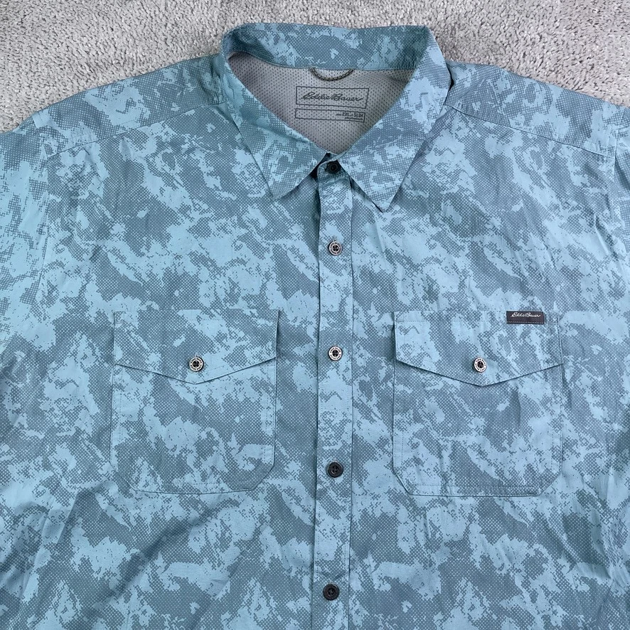 Eddie Bauer Shirt Mens 2XL Blue Camo Slim Fit Performance Hiking Fishing Vented