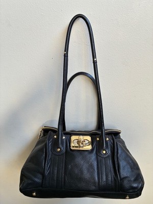 B. Makowsky Black Shoulder Bag with Turn Lock Double Handle Golden Hardware