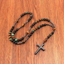 Natural Stone Africa Turquoise and Tiger-eye Beads Cross Pendant Necklace Rosary